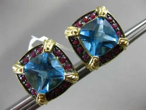 ESTATE LARGE 6.36CT BLUE TOPAZ & RUBY 14KT YELLOW GOLD FILIGREE CLIP ON EARRINGS