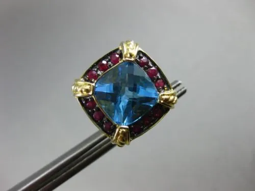 ESTATE LARGE 6.36CT BLUE TOPAZ & RUBY 14KT YELLOW GOLD FILIGREE CLIP ON EARRINGS