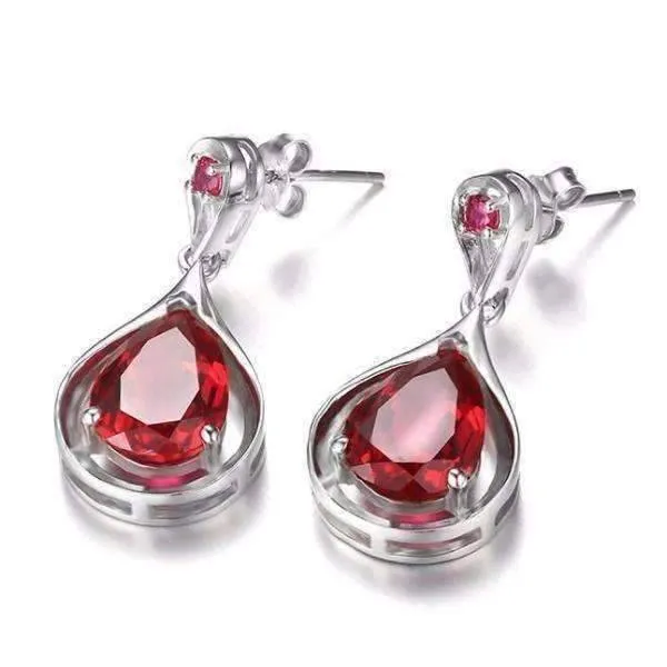 Gala 7.6CTW Pear Drop Simulated Pigeon Blood Ruby IOBI Precious Gems 925 Sterling Silver Earrings