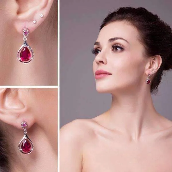 Gala 7.6CTW Pear Drop Simulated Pigeon Blood Ruby IOBI Precious Gems 925 Sterling Silver Earrings