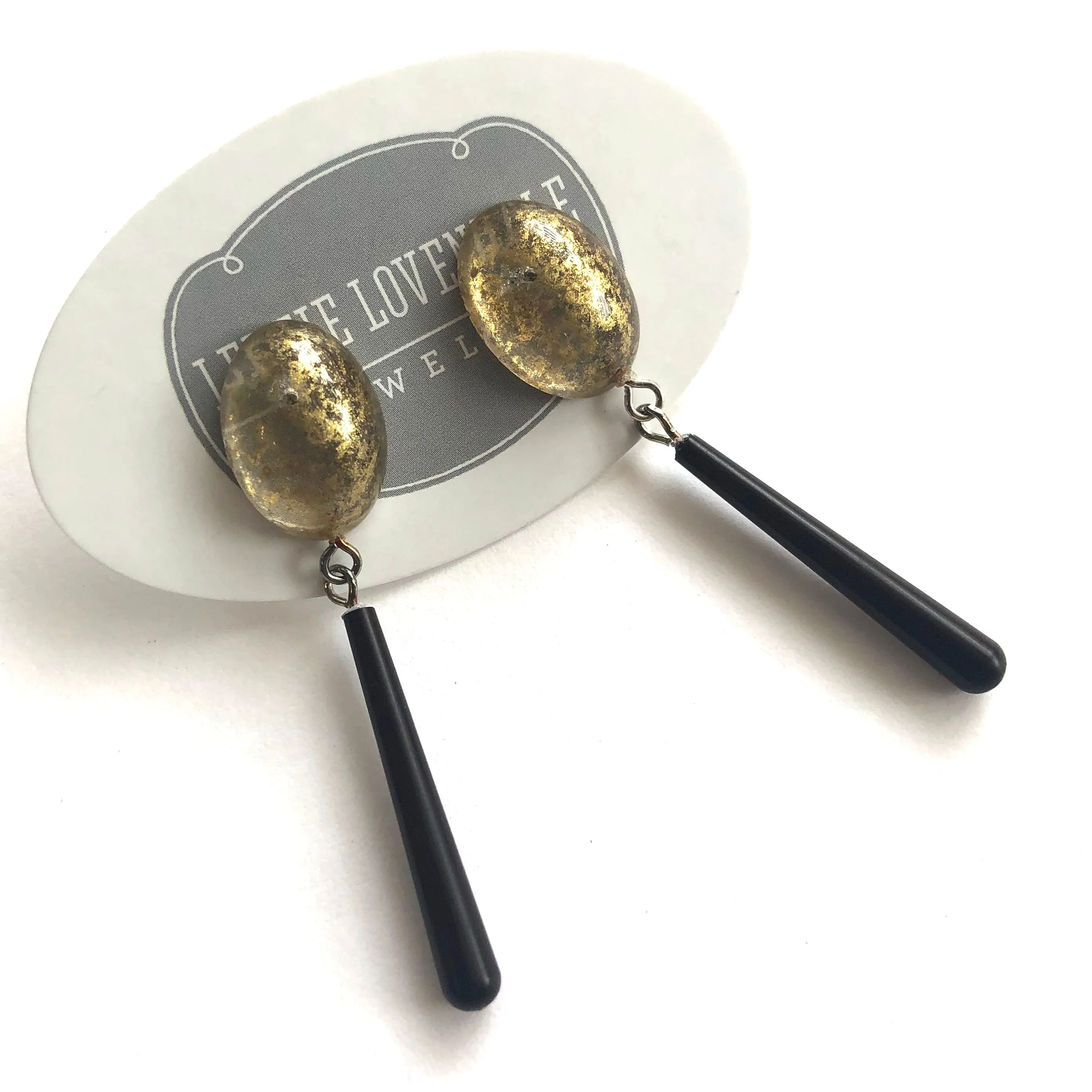 Gold Mercury & Skinny Black Teardrop Earrings
