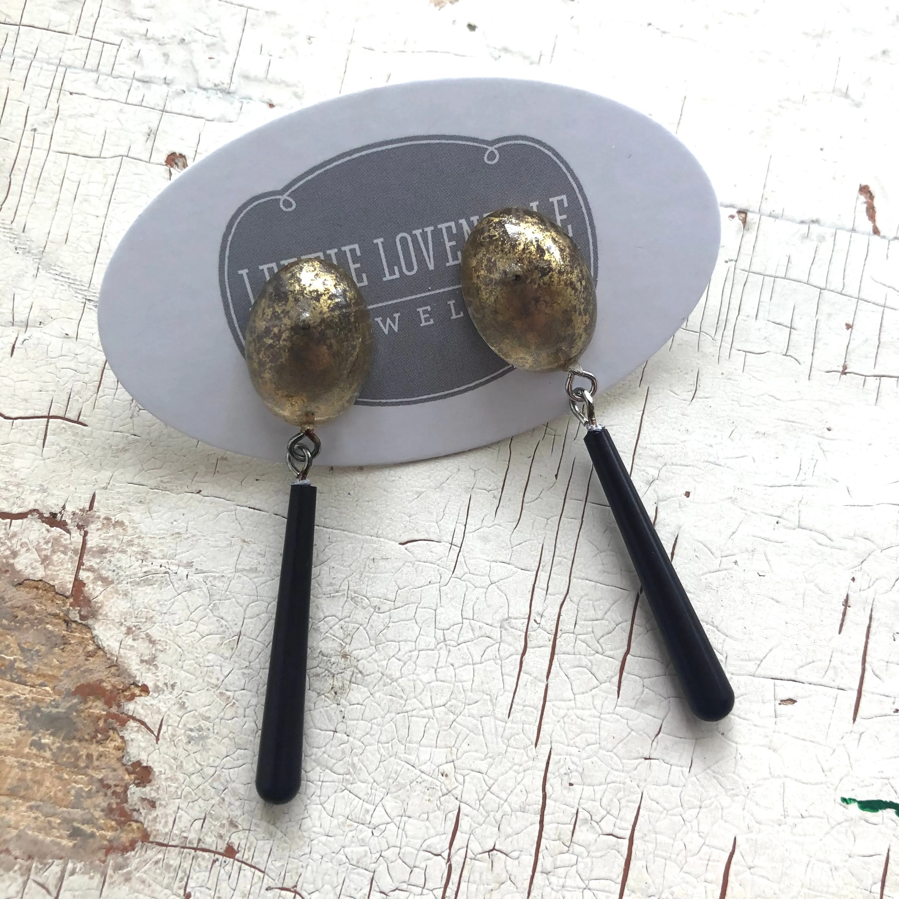 Gold Mercury & Skinny Black Teardrop Earrings