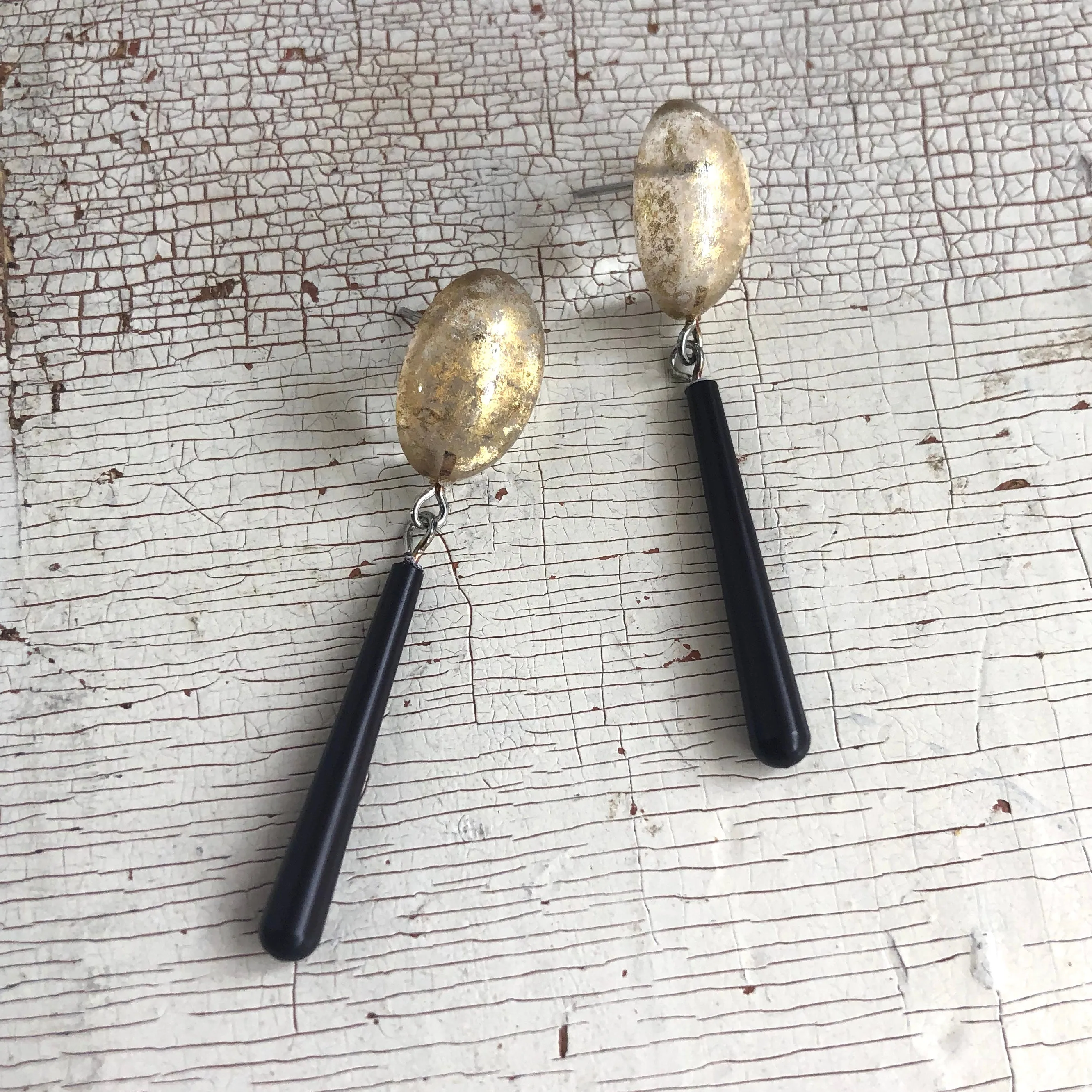 Gold Mercury & Skinny Black Teardrop Earrings