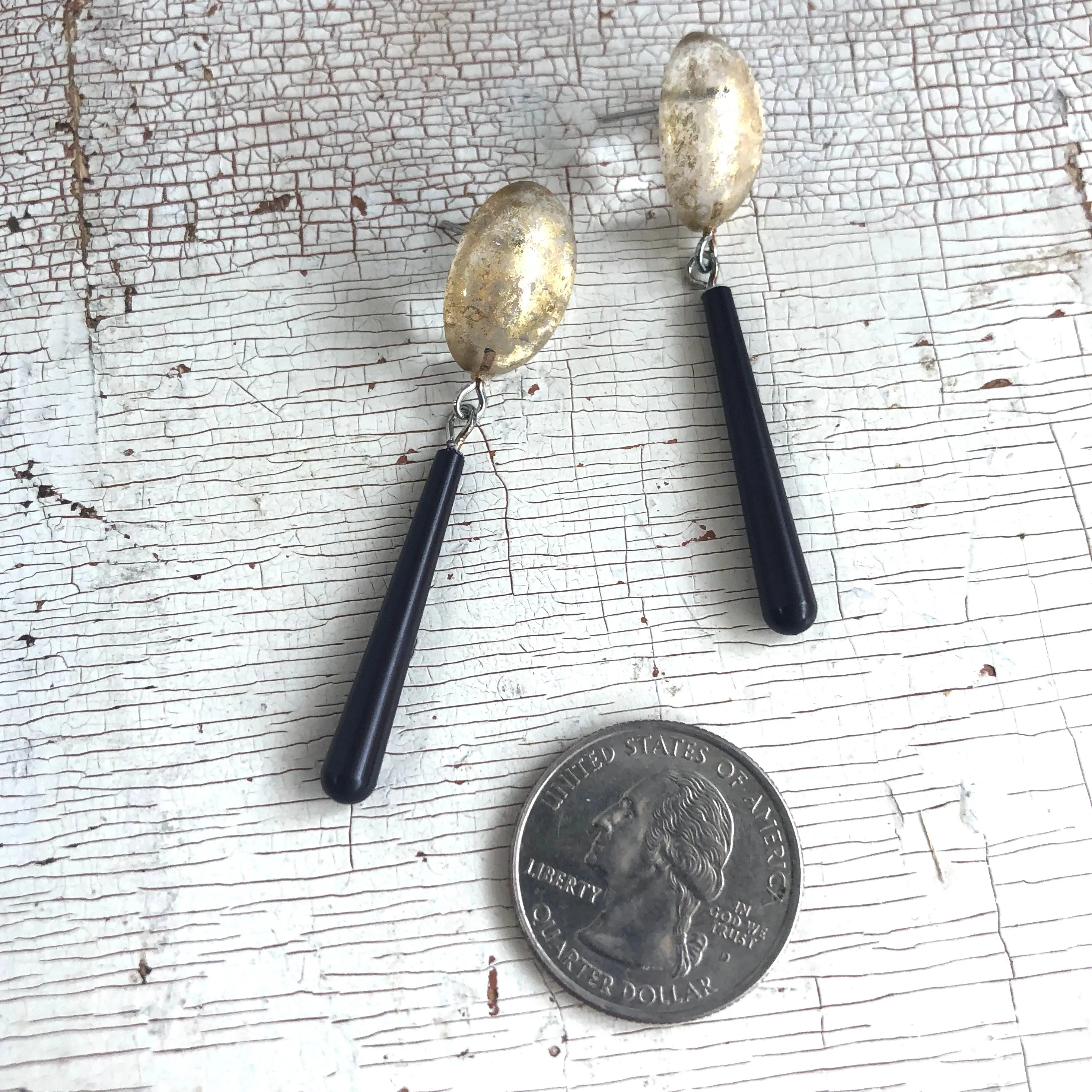 Gold Mercury & Skinny Black Teardrop Earrings