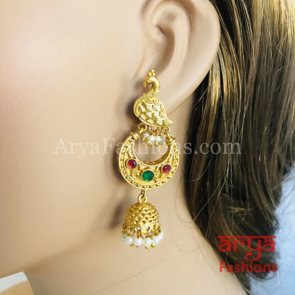 Golden Kundan Pearl Bird Jhumka Earrings