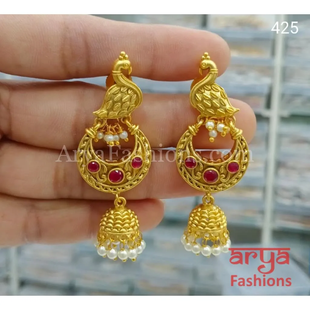 Golden Kundan Pearl Bird Jhumka Earrings