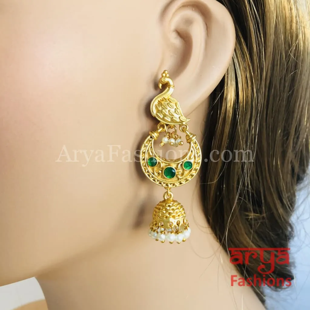 Golden Kundan Pearl Bird Jhumka Earrings