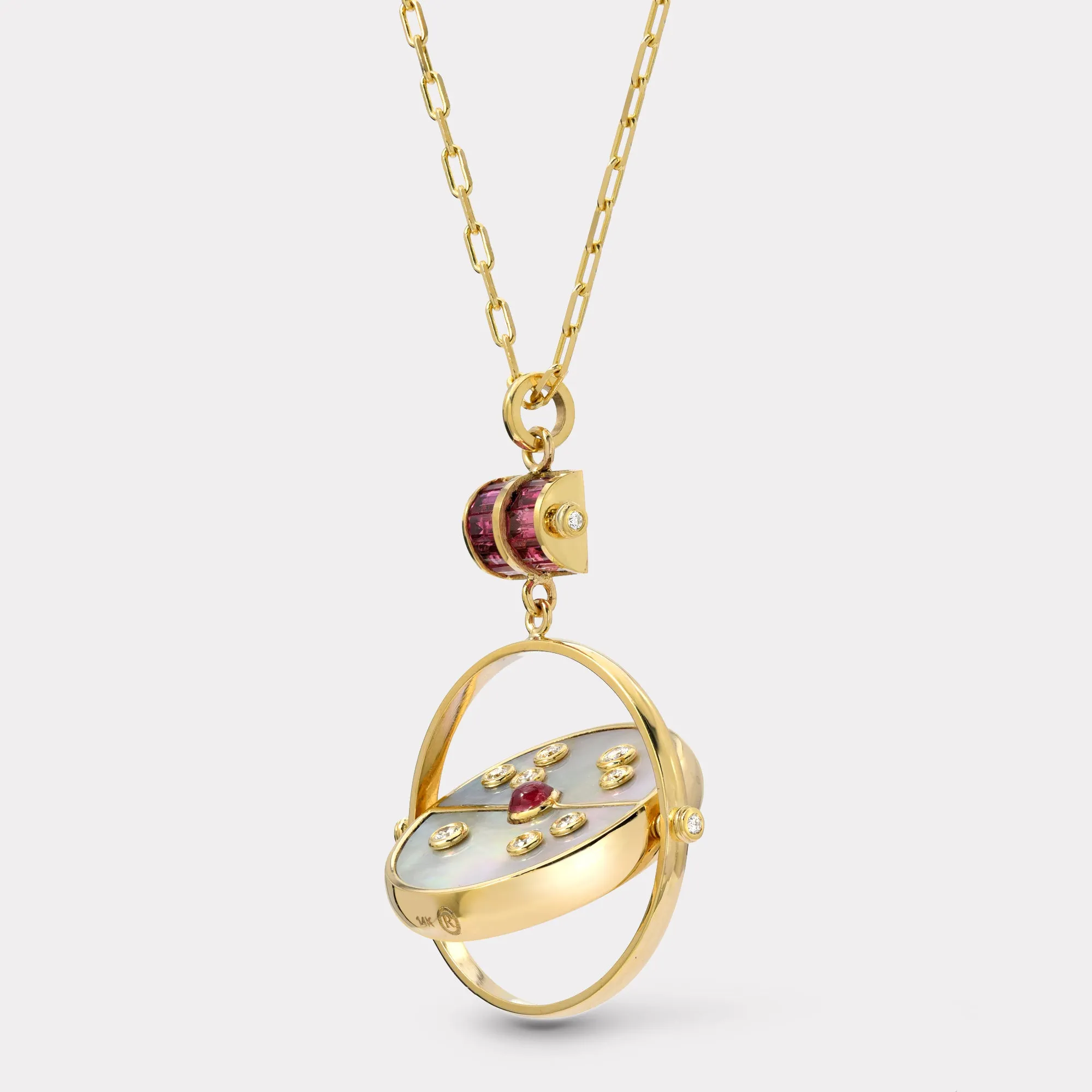 Grandfather Compass Pendant with White Mother of Pearl and Pink Spinel