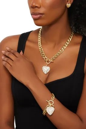 Heart Charm Toggle Closure Bracelet and Necklace with Stud Earrings