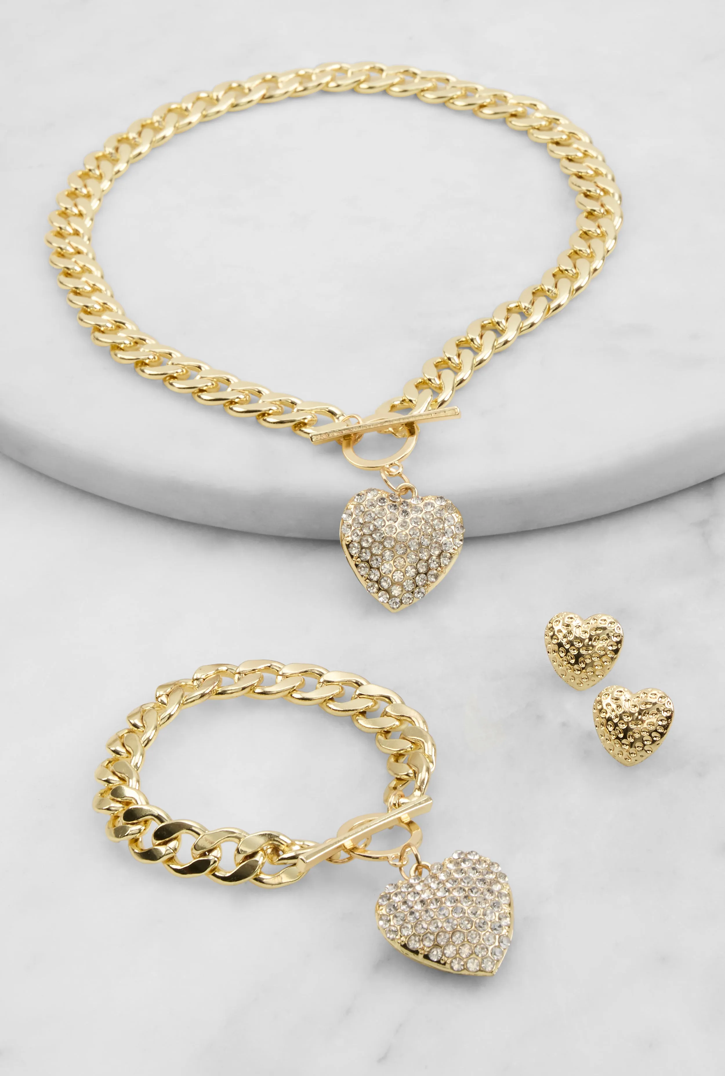 Heart Charm Toggle Closure Bracelet and Necklace with Stud Earrings
