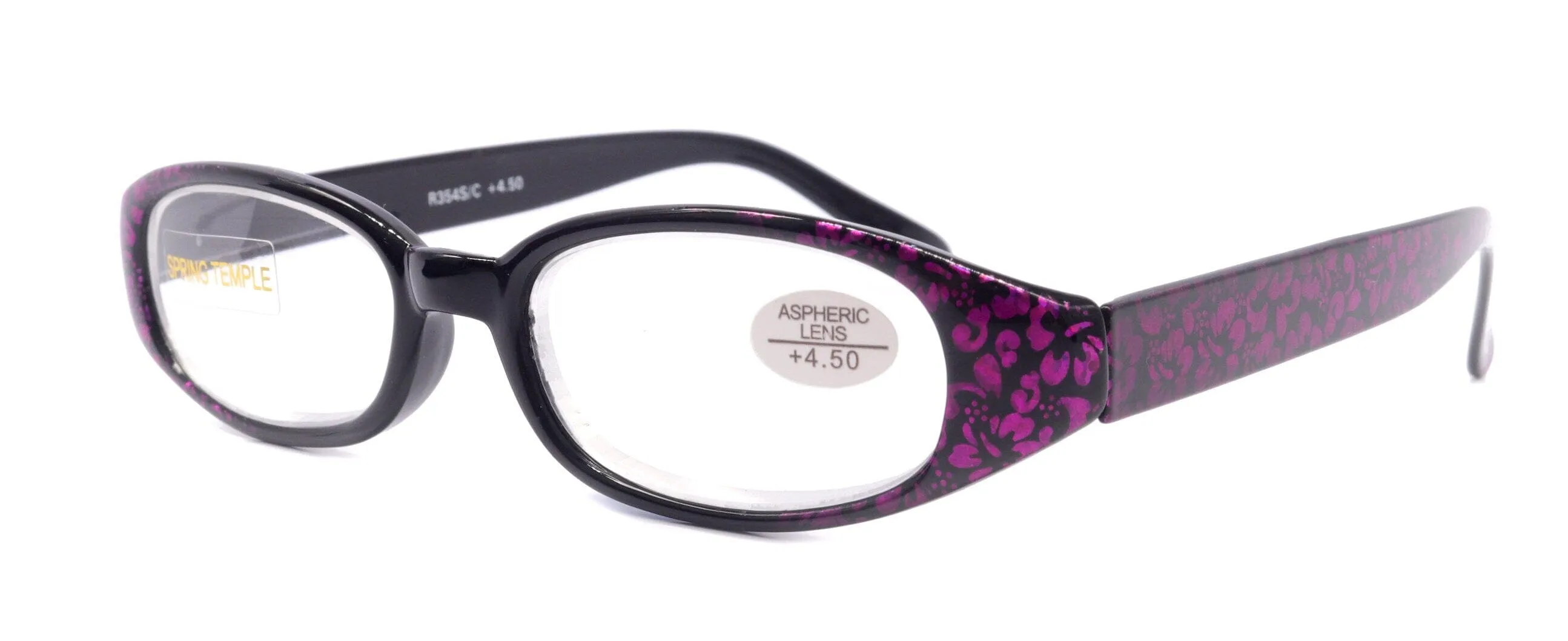 Isabella, (Premium) Reading Glasses, Fashion Reader (Floral Purple n Black) Oval  4  4.5  5  6 High Power, NY Fifth Avenue (Wide Frame)