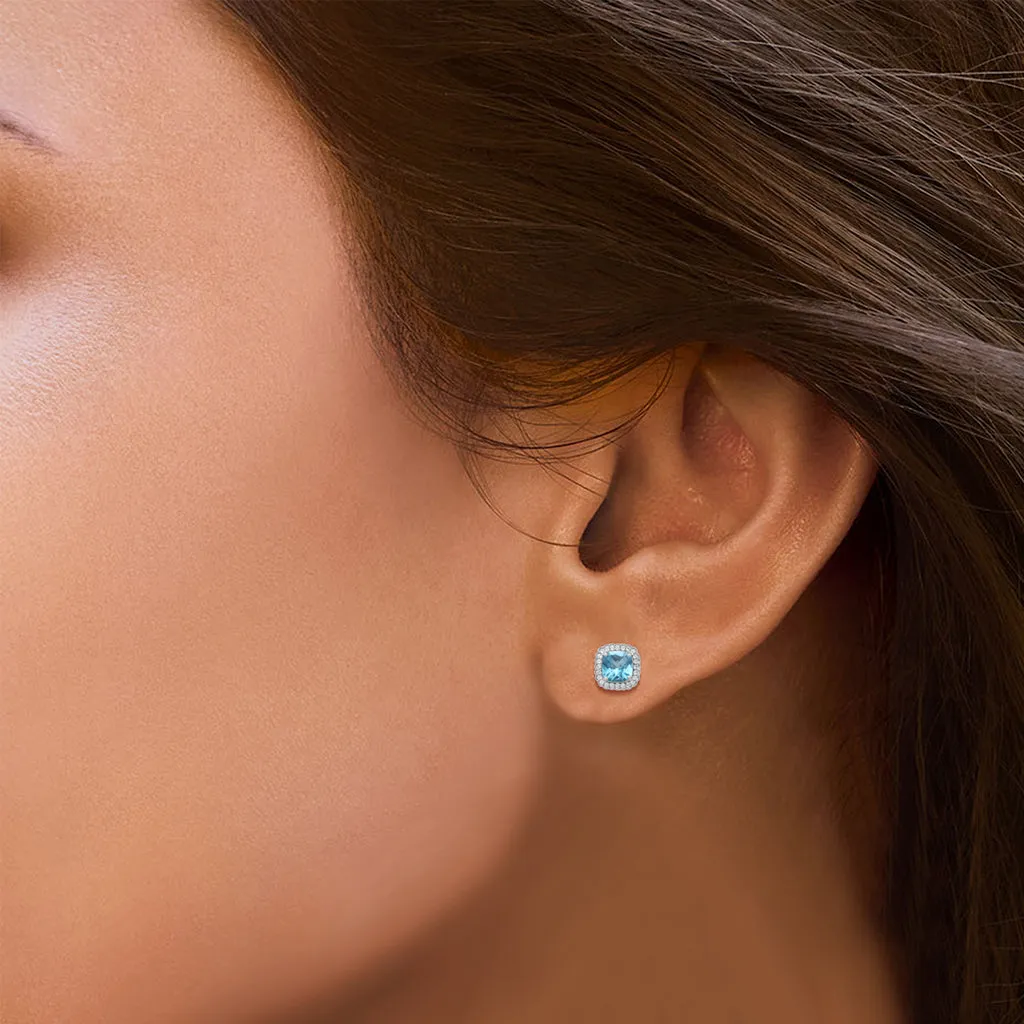 Jewelili Sterling Silver With Cushion Blue Topaz and Round White Topaz and Round Emerald Stud Earrings