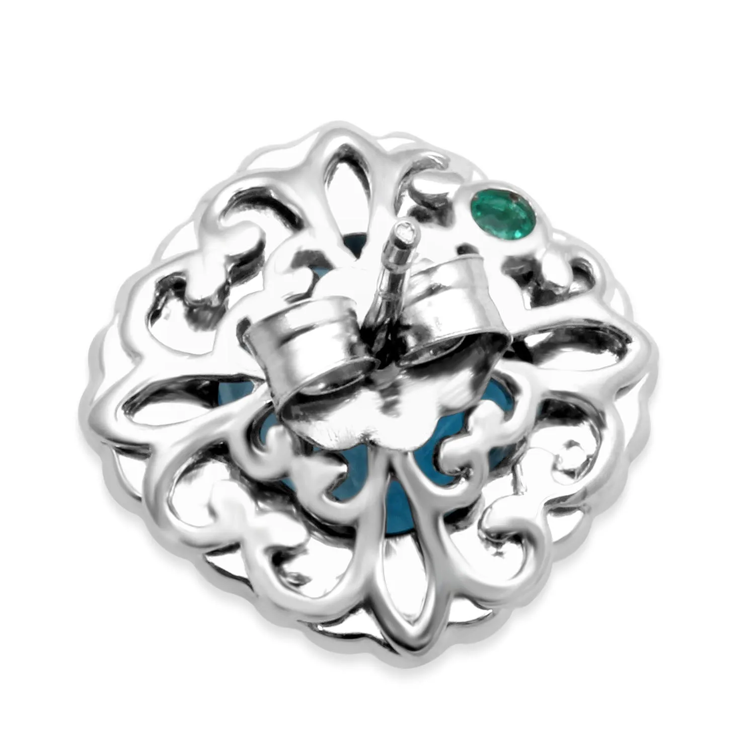 Jewelili Sterling Silver With Cushion Blue Topaz and Round White Topaz and Round Emerald Stud Earrings