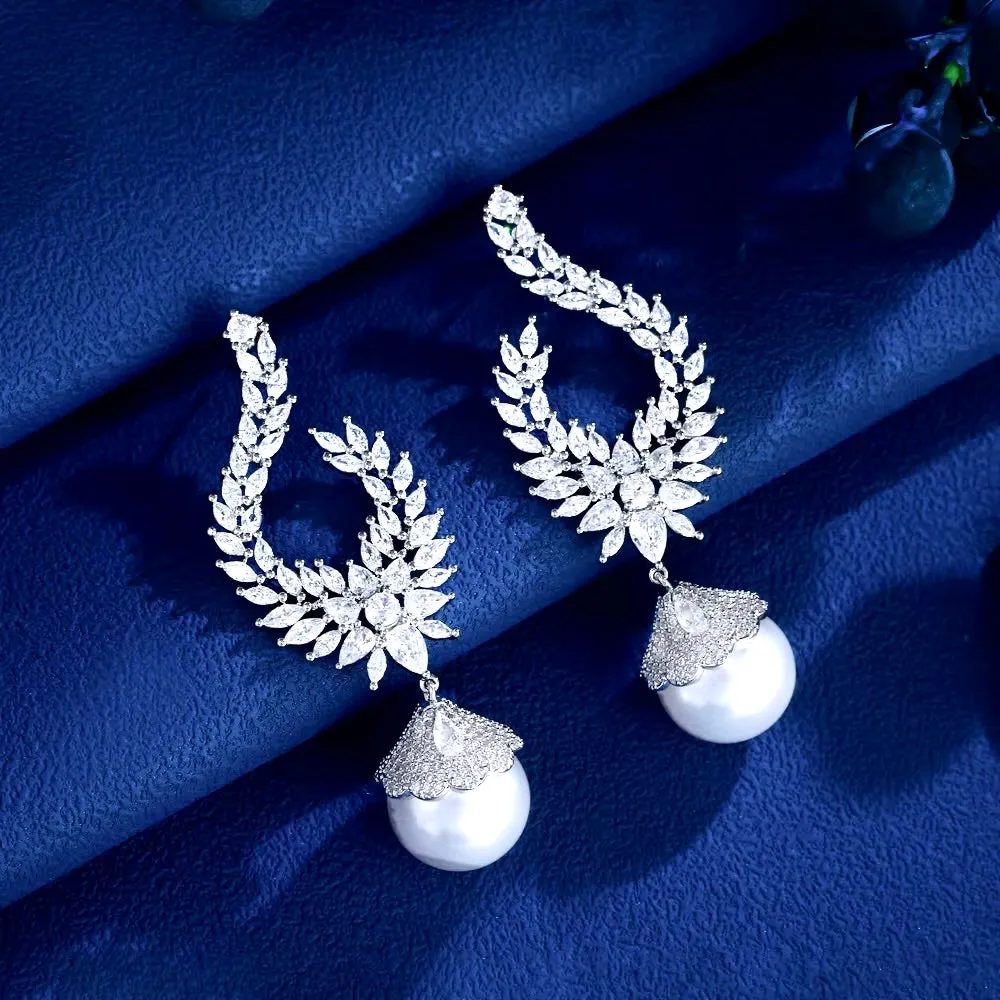 Keanna - Pearl and Cubic Zirconia Bridal Earrings