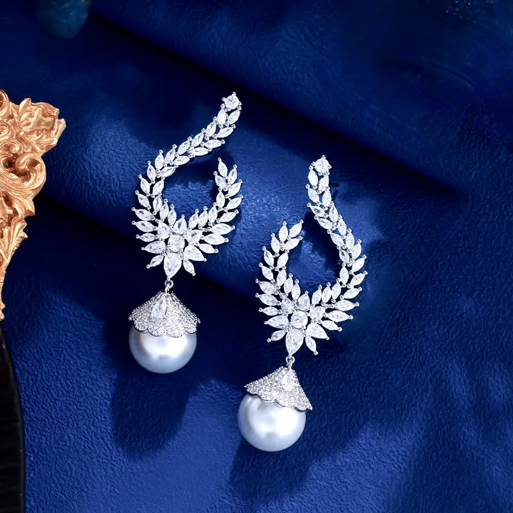Keanna - Pearl and Cubic Zirconia Bridal Earrings