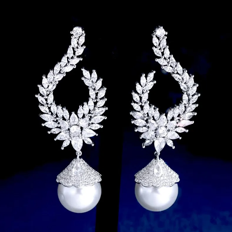 Keanna - Pearl and Cubic Zirconia Bridal Earrings