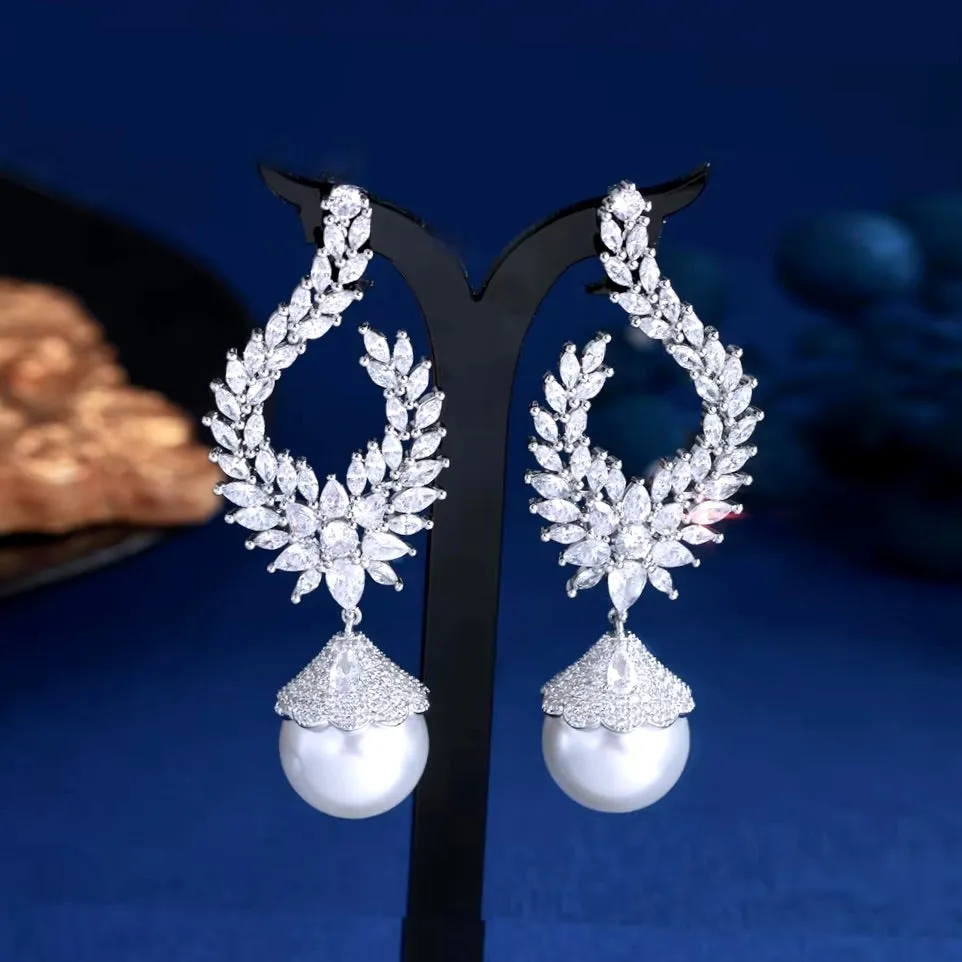 Keanna - Pearl and Cubic Zirconia Bridal Earrings