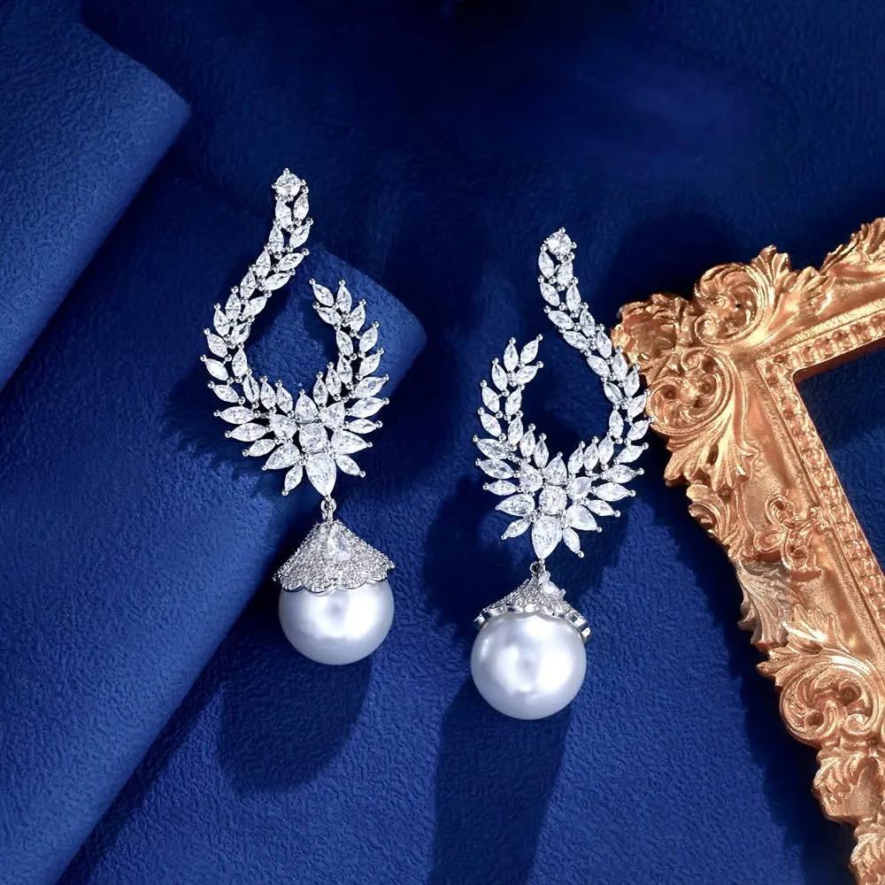 Keanna - Pearl and Cubic Zirconia Bridal Earrings