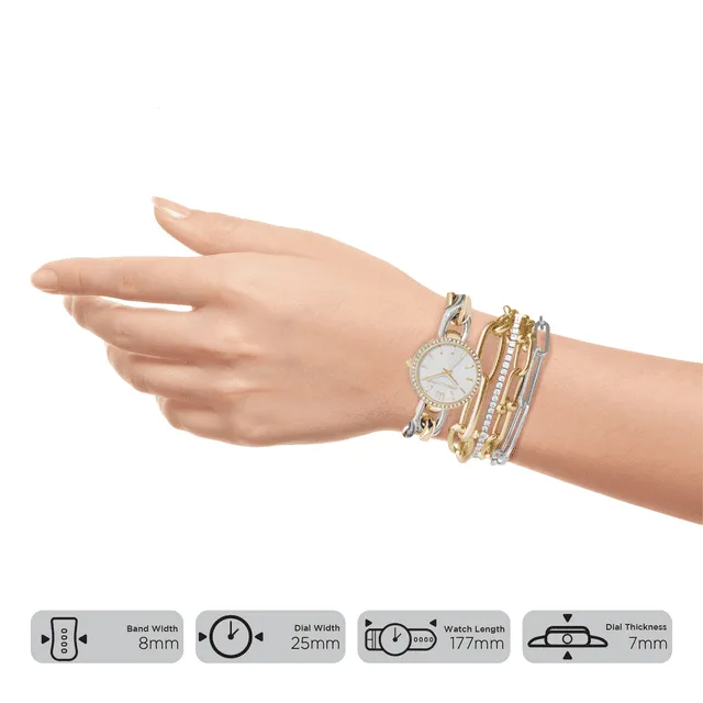 Kendall   Kylie Dainty Silver/Gold Chain Link Metal Analog Watch and Layered Bracelet Set