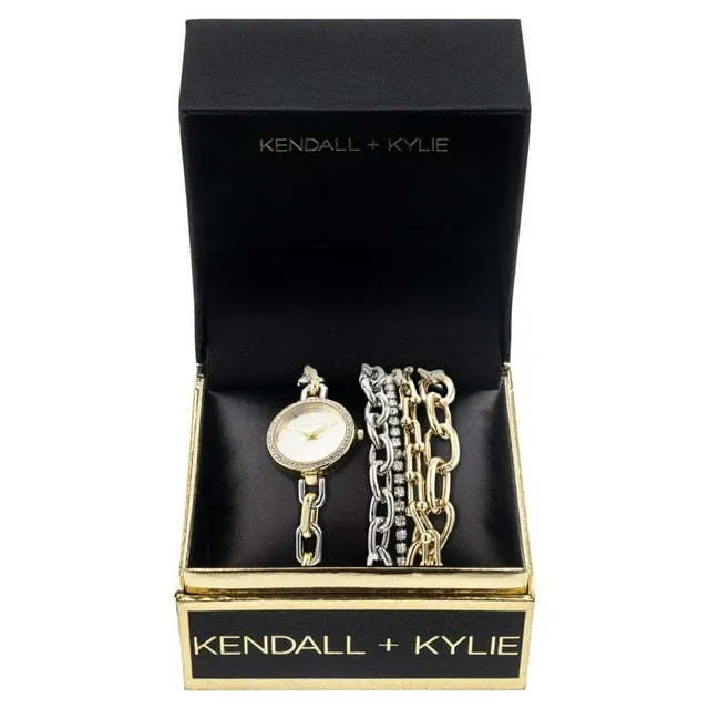Kendall   Kylie Dainty Silver/Gold Chain Link Metal Analog Watch and Layered Bracelet Set