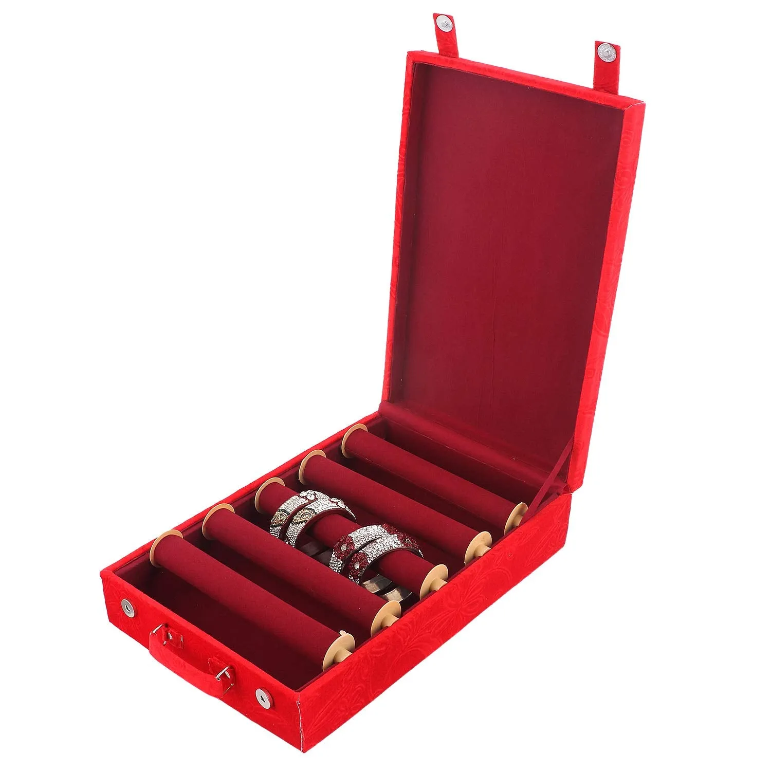 Kuber Industries Five Rod Bangle Box|Flower Design|Velvet Coated Bangle Organizer|Watches & Bracelet Organizer|Magnetic Button (Maroon)