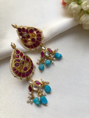 Kundan ruby earrings with turquoise drops