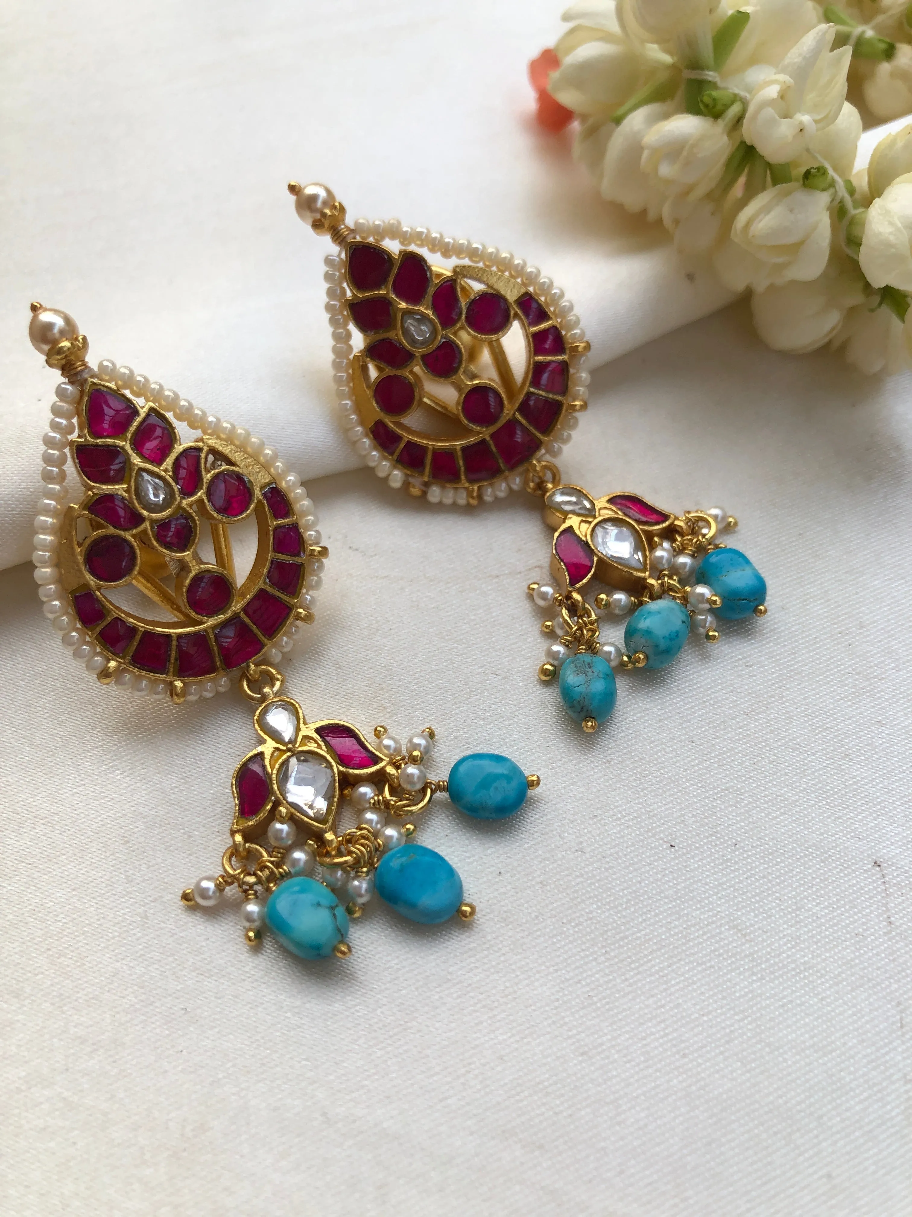 Kundan ruby earrings with turquoise drops