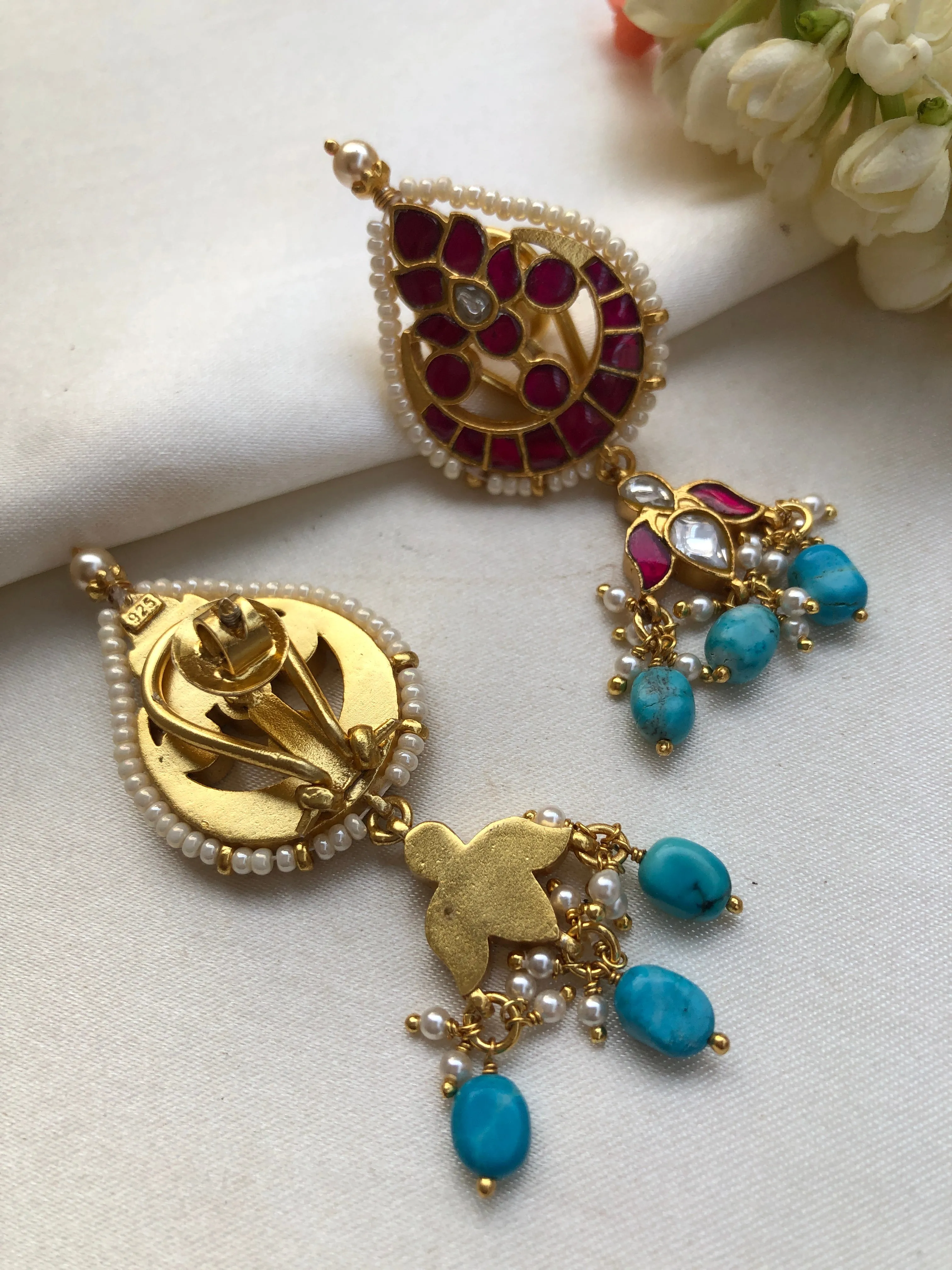 Kundan ruby earrings with turquoise drops