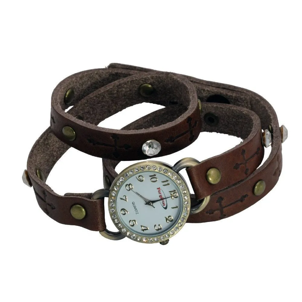 Ladies Crystal Double Leather Wrapped Watch