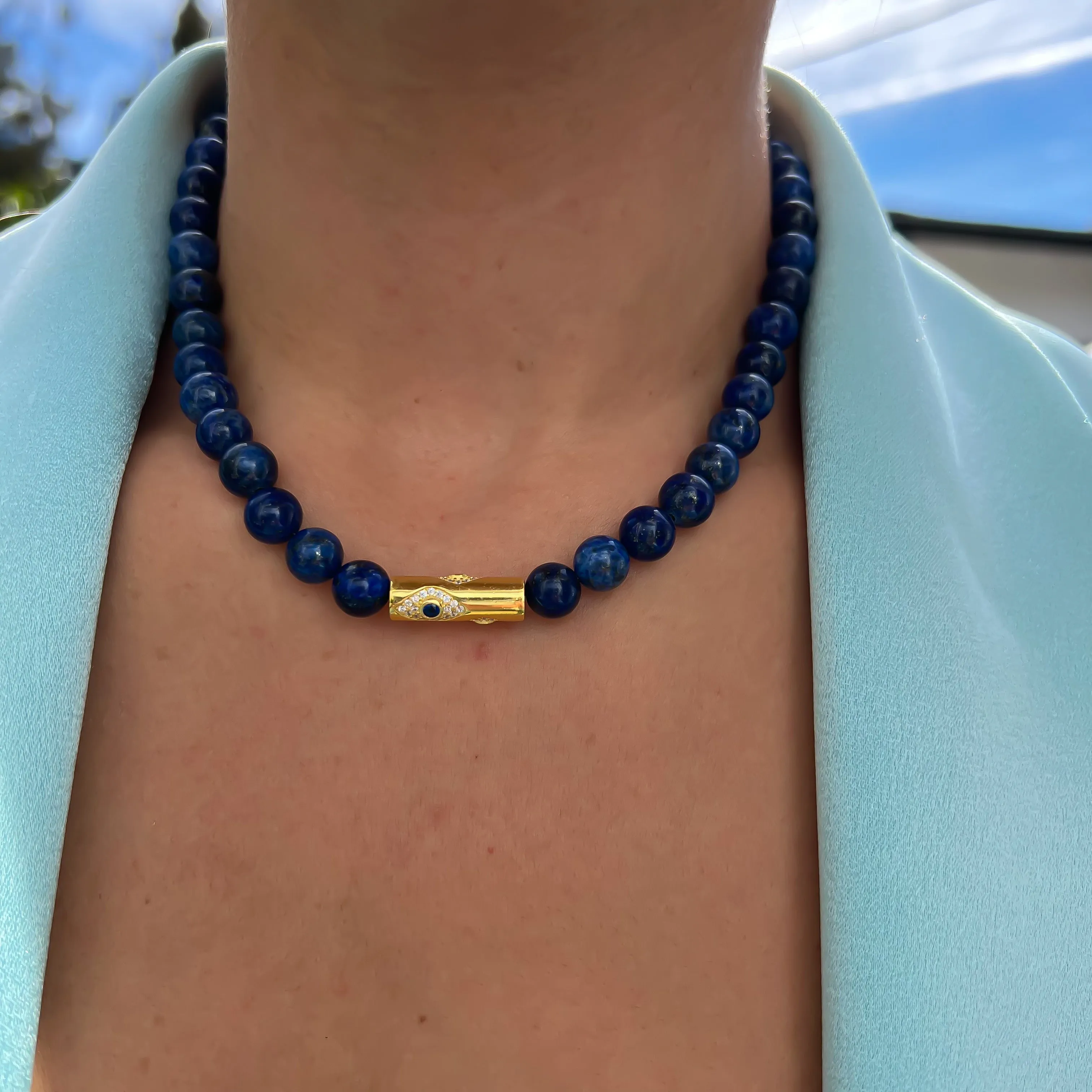 Lapis beaded gold rod eye necklace