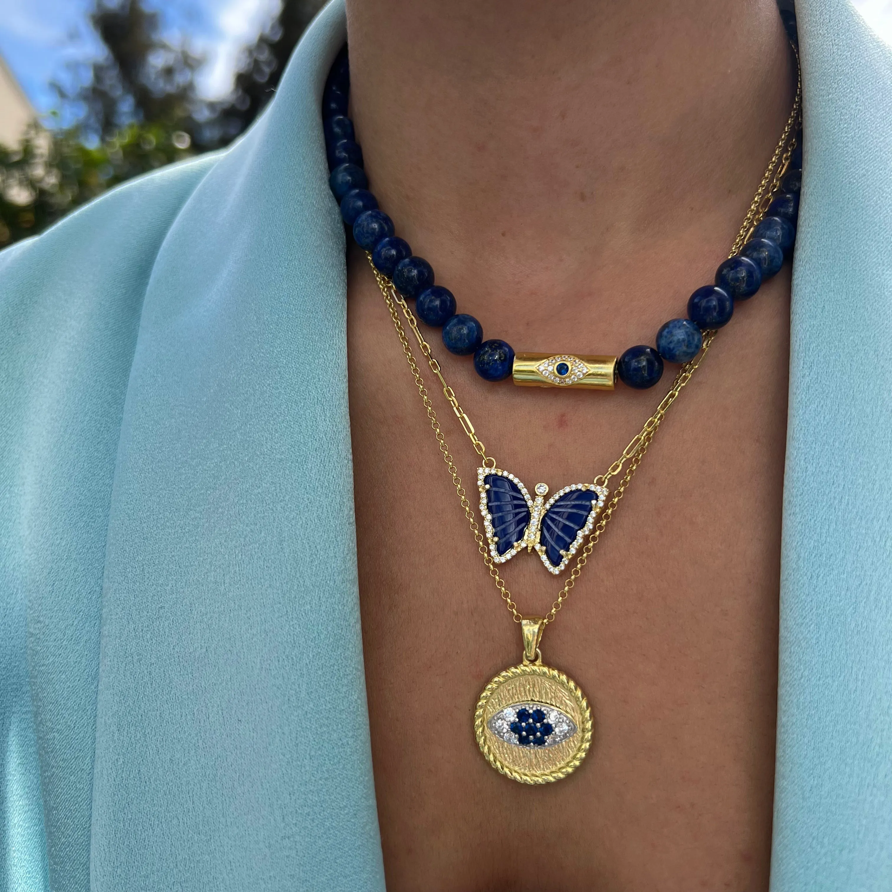 Lapis beaded gold rod eye necklace