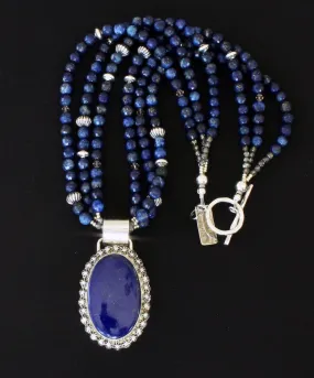 Lapis Lazuli and Sterling Silver 29 Concho Button Pendant with 3 Strands of Lapis Faceted Rounds, Czech Glass and Sterling Silver
