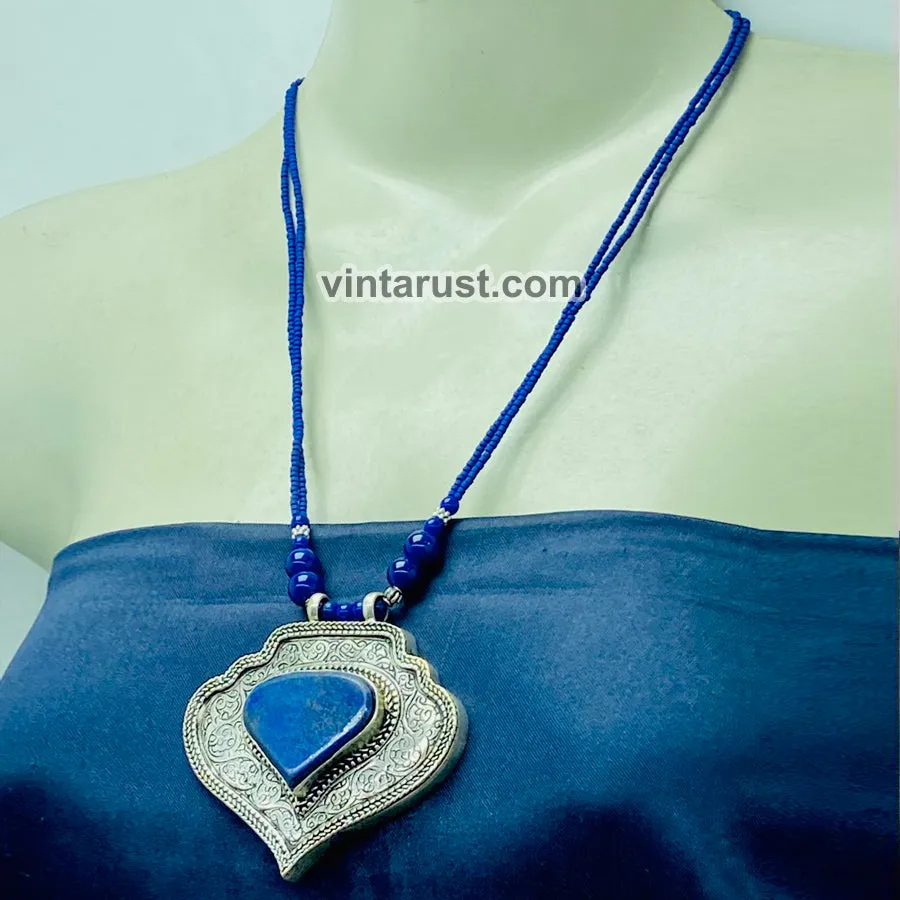 Lapis Lazuli Beaded Chain Pendant Necklace