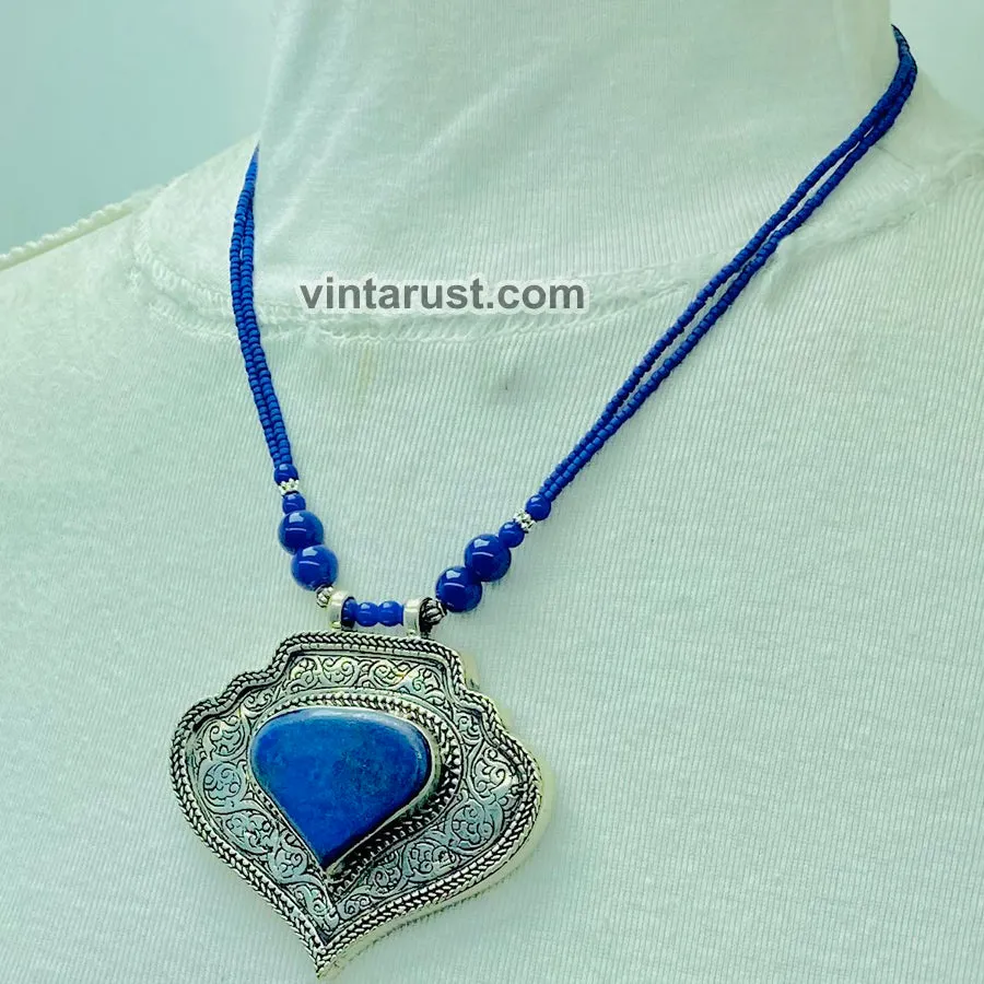 Lapis Lazuli Beaded Chain Pendant Necklace