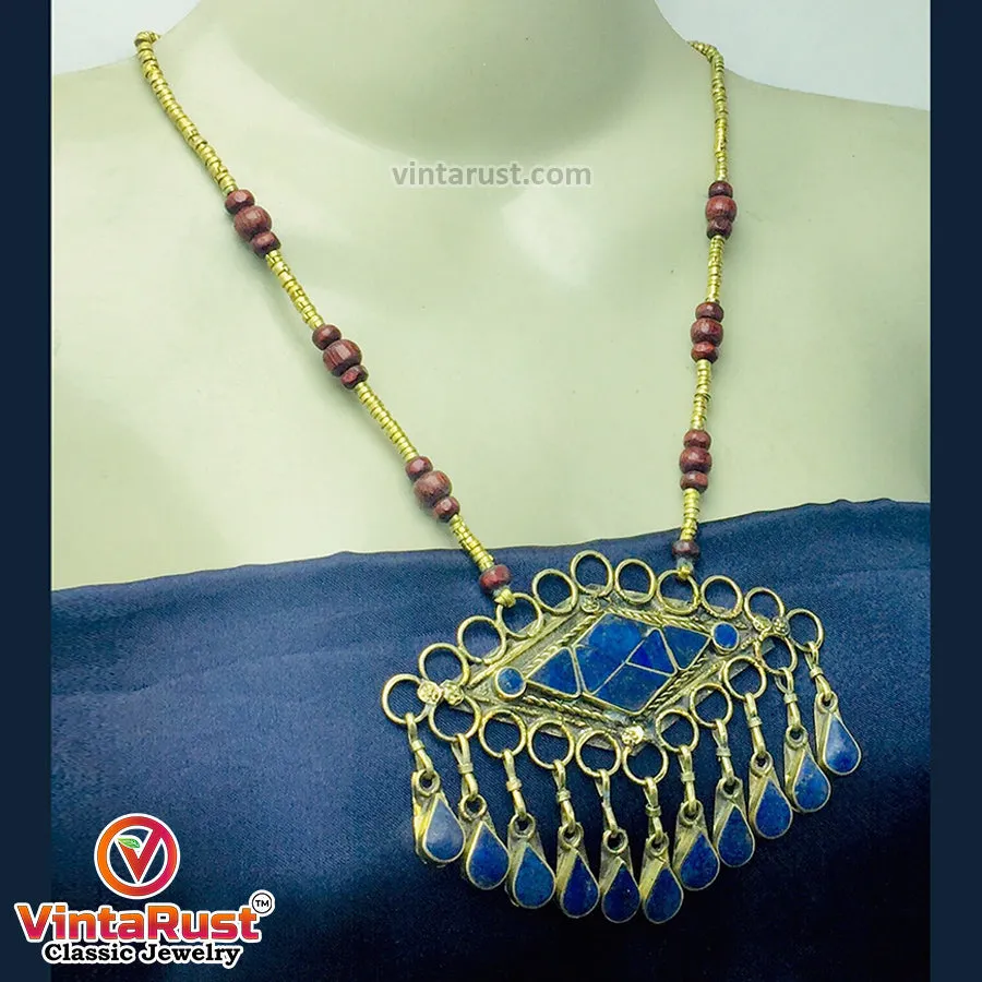 Lapis Lazuli Pendant Necklace With Beaded Chain