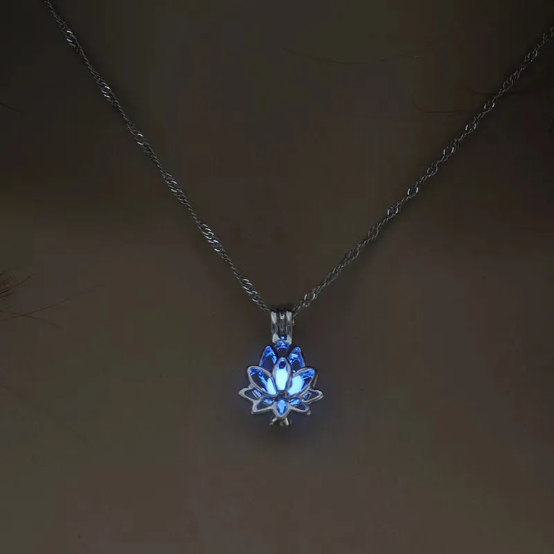 Luminous Glowing In The Dark Moon Lotus Flower Shaped Pendant Necklace For Women Yoga Prayer Buddhism Jewelry