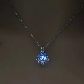Luminous Glowing In The Dark Moon Lotus Flower Shaped Pendant Necklace For Women Yoga Prayer Buddhism Jewelry