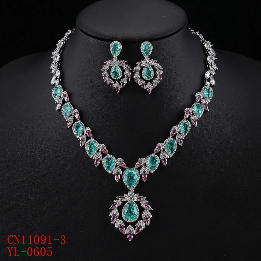 Luxury Bridal Jewelry Set Gorgeous Waterdrop Cubic Zirconia Ladies Party Wedding Necklace And Earrings Set  CN11091