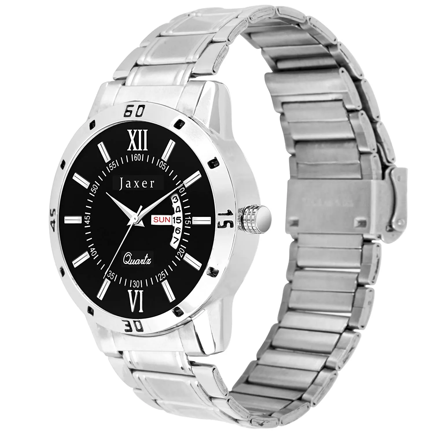 Men's Black Dial Analog Watch with Day & Date Feature and Steel Chain - JXRM2168