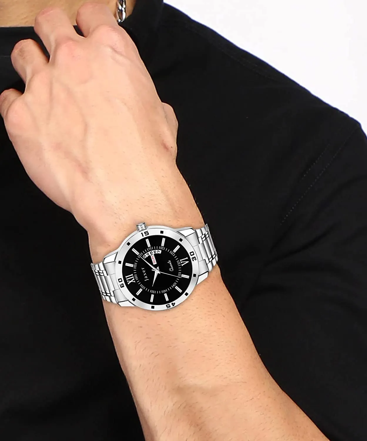 Men's Black Dial Analog Watch with Day & Date Feature and Steel Chain - JXRM2168