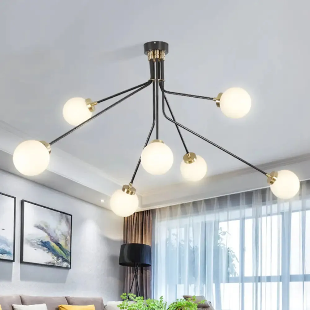 Modern Glass Chandelier Light - Globe White Pendant Fixture (3/7 Lights) for Living Room - Black Finish