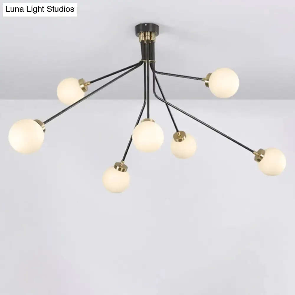 Modern Glass Chandelier Light - Globe White Pendant Fixture (3/7 Lights) for Living Room - Black Finish