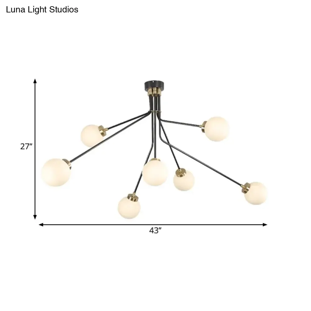 Modern Glass Chandelier Light - Globe White Pendant Fixture (3/7 Lights) for Living Room - Black Finish
