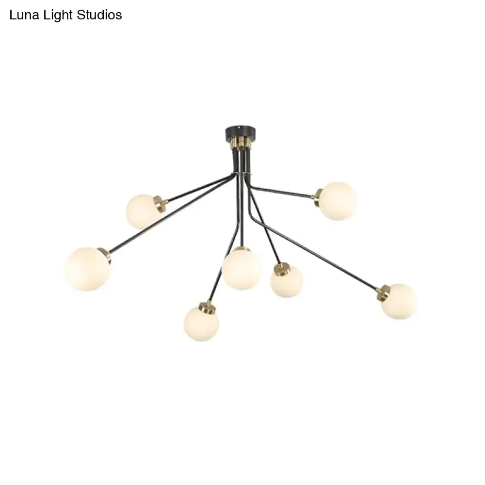 Modern Glass Chandelier Light - Globe White Pendant Fixture (3/7 Lights) for Living Room - Black Finish
