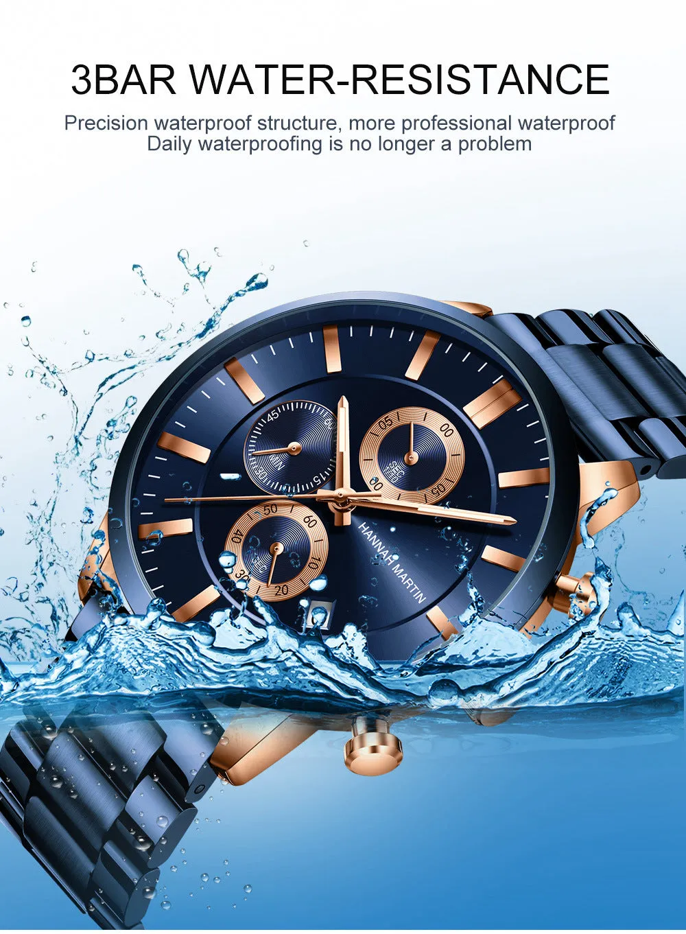 Multifunctional Calendar Waterproof Watch Fashion Blue Business Casual Fine Steel Watch