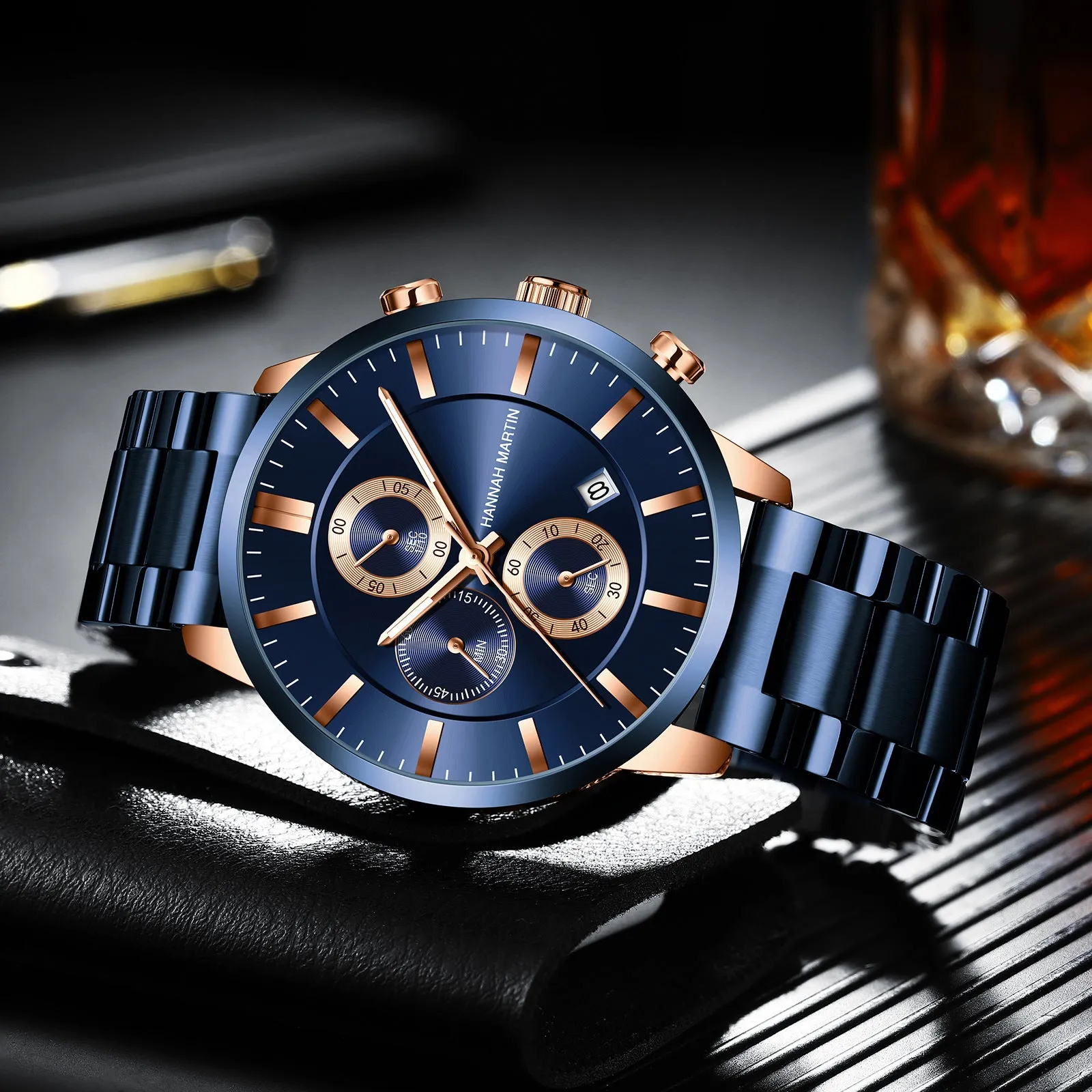 Multifunctional Calendar Waterproof Watch Fashion Blue Business Casual Fine Steel Watch