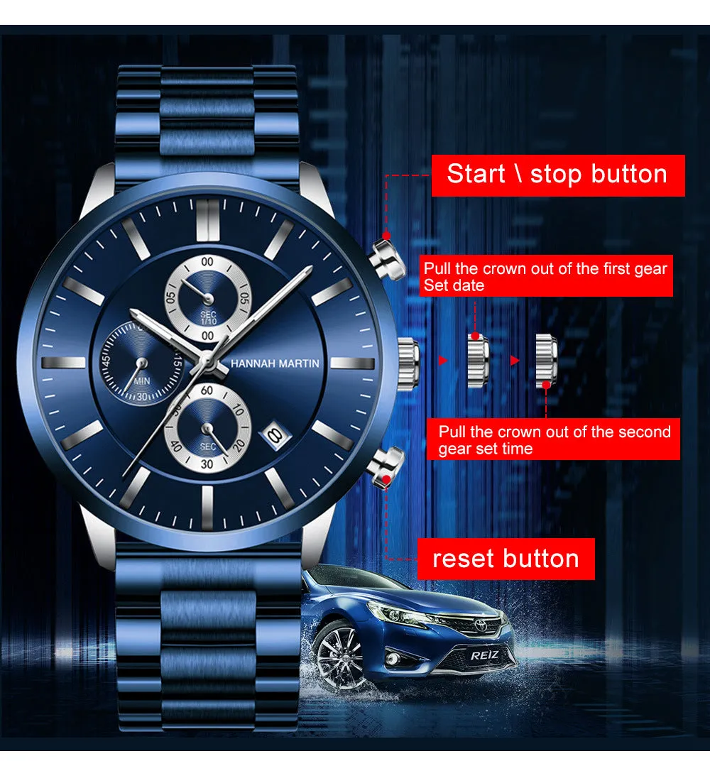 Multifunctional Calendar Waterproof Watch Fashion Blue Business Casual Fine Steel Watch
