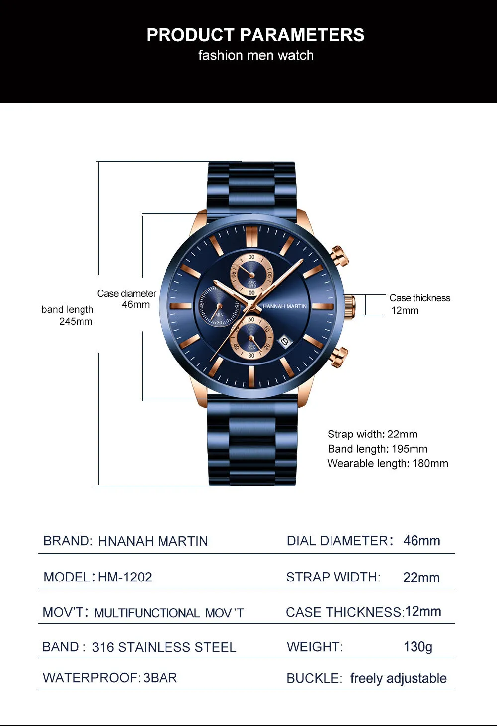 Multifunctional Calendar Waterproof Watch Fashion Blue Business Casual Fine Steel Watch