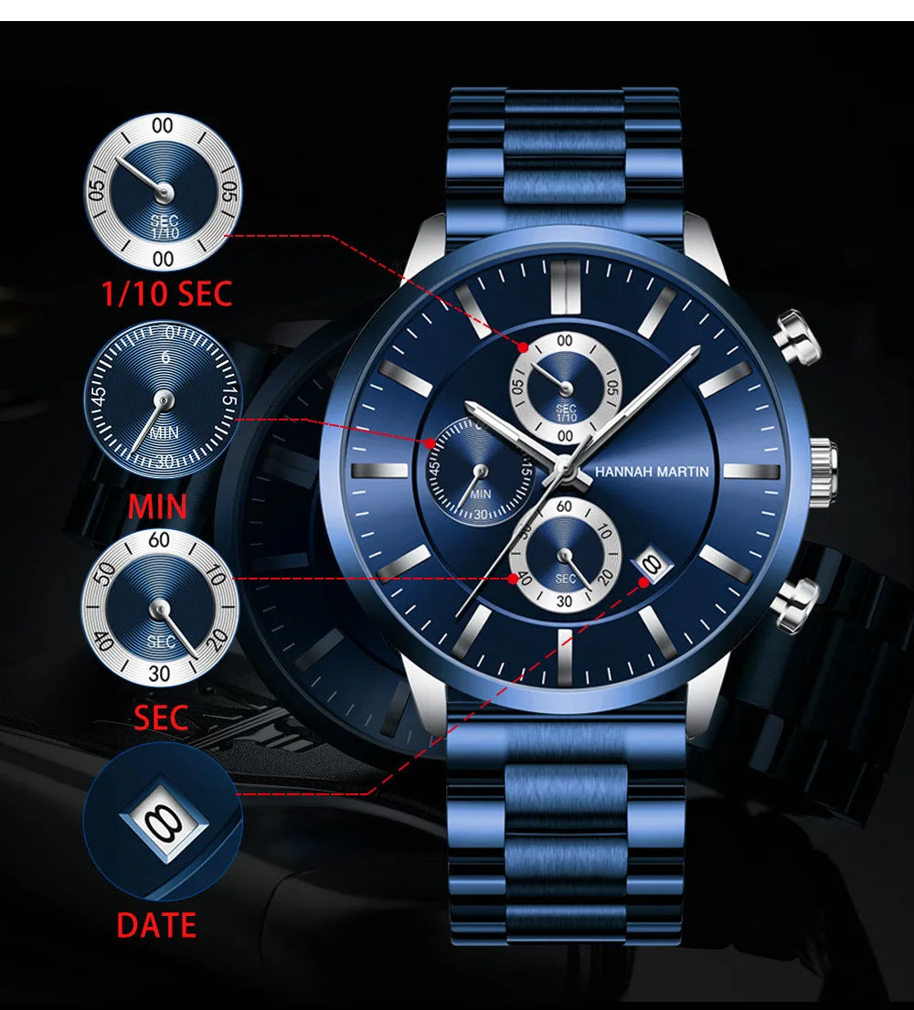 Multifunctional Calendar Waterproof Watch Fashion Blue Business Casual Fine Steel Watch