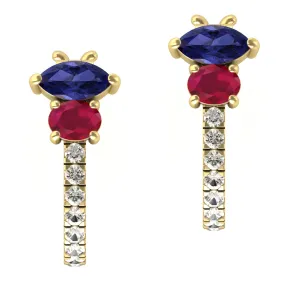 Natural Ruby Blue Sapphire Huggie Earrings 18K Yellow Gold Diamond Jewelry Gift